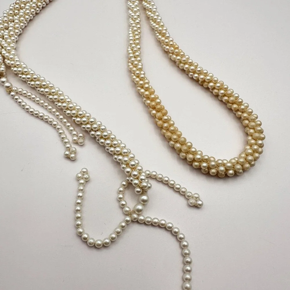 Vintage 90s Faux Pearl Cream White‎ Beaded Braided Tassel Necklace Statement Y2K